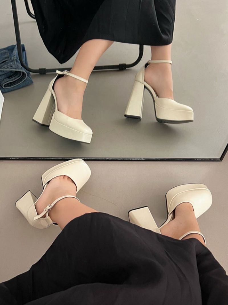 Högklackade Damplattformar Chunky Heel Pumps Pu-läder - Beige