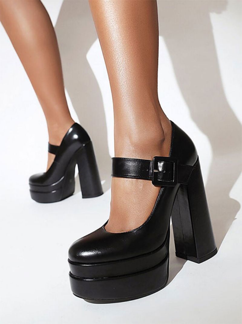 Högklackade Kvinnors Plattform Chunky Heel Pu-läderpumpar - Svart