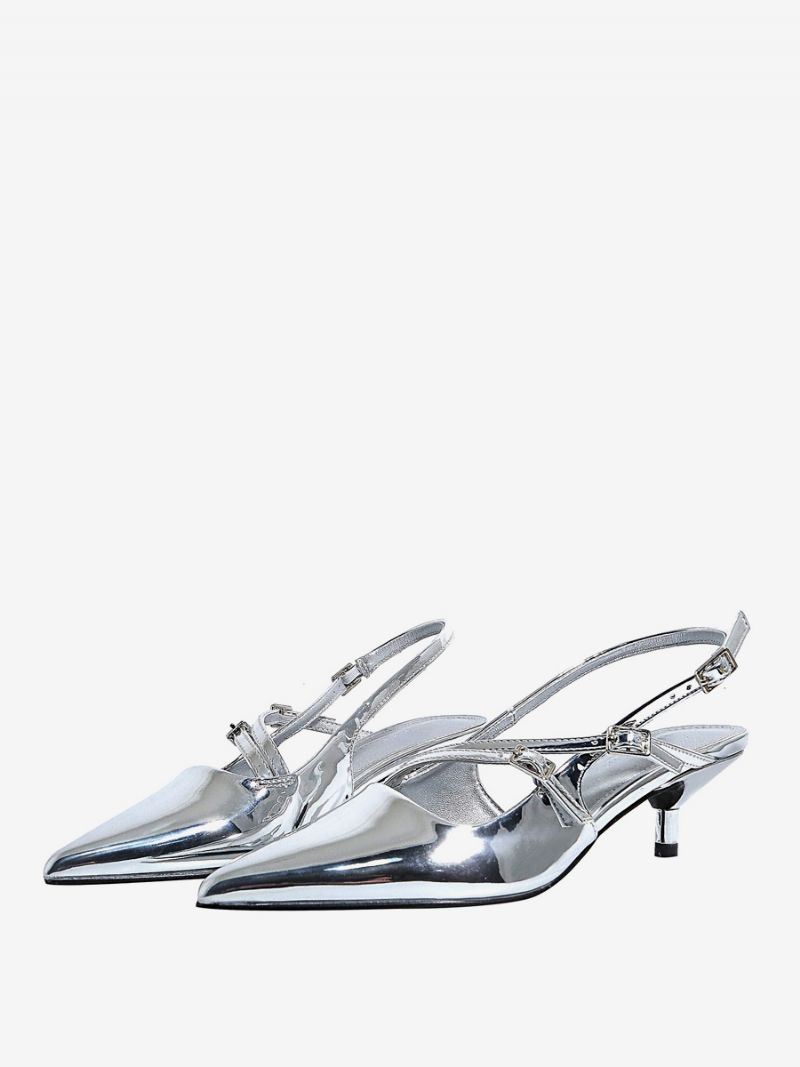 Kitten Heek Pumps Svarta Slingback Spetsiga Tåklackar För Kvinnor - Silver