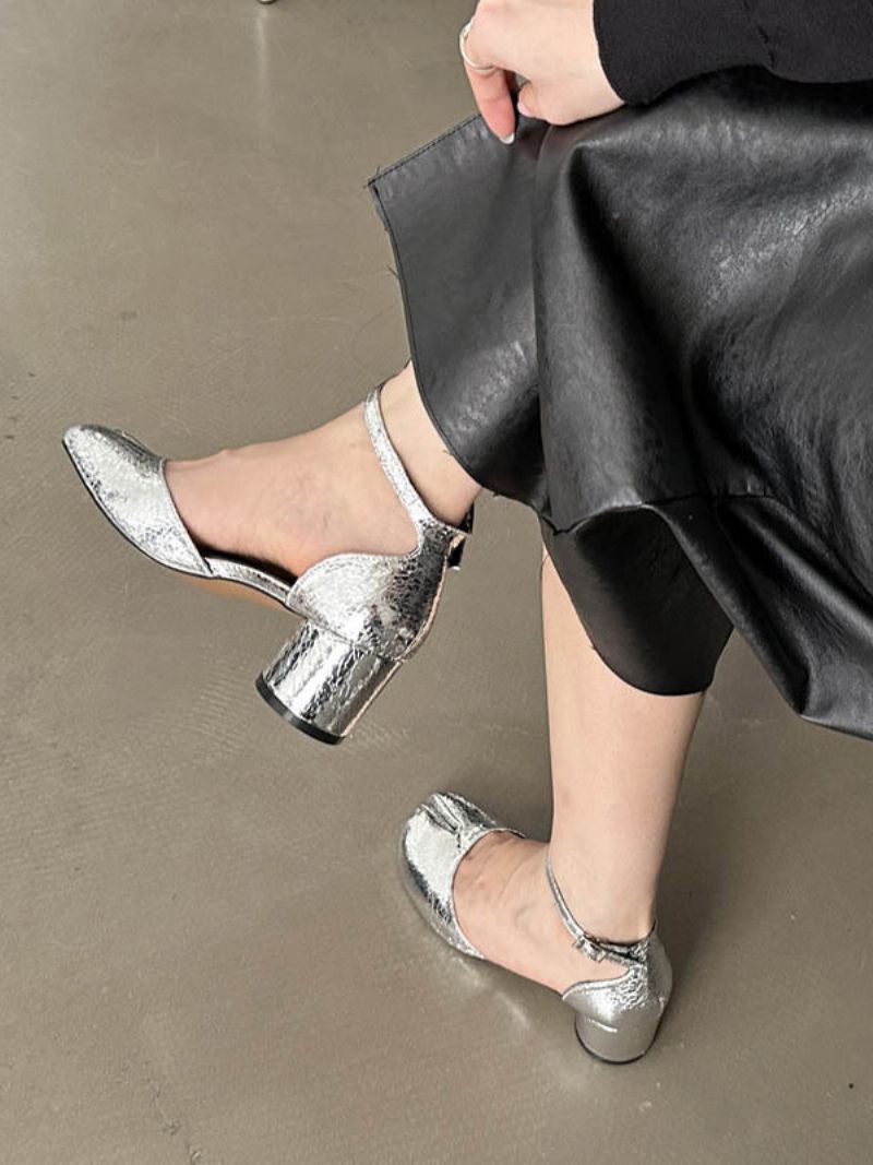 Klacksandaler För Kvinnor Med Rund Tå Sandaler Chunky Heel Pu-läder - Silver