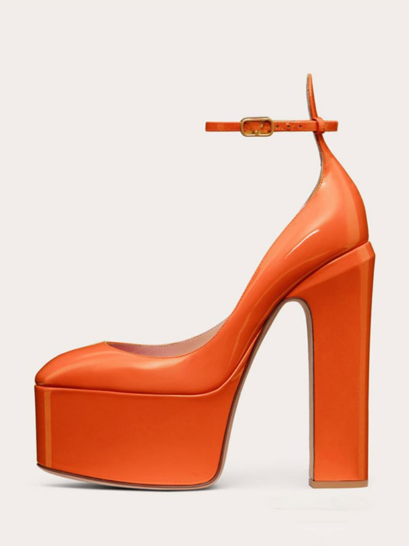 Kvinnor Högklackade Plattform Rund Tå Chunky Heel Ankel Strap Pumps - Orange