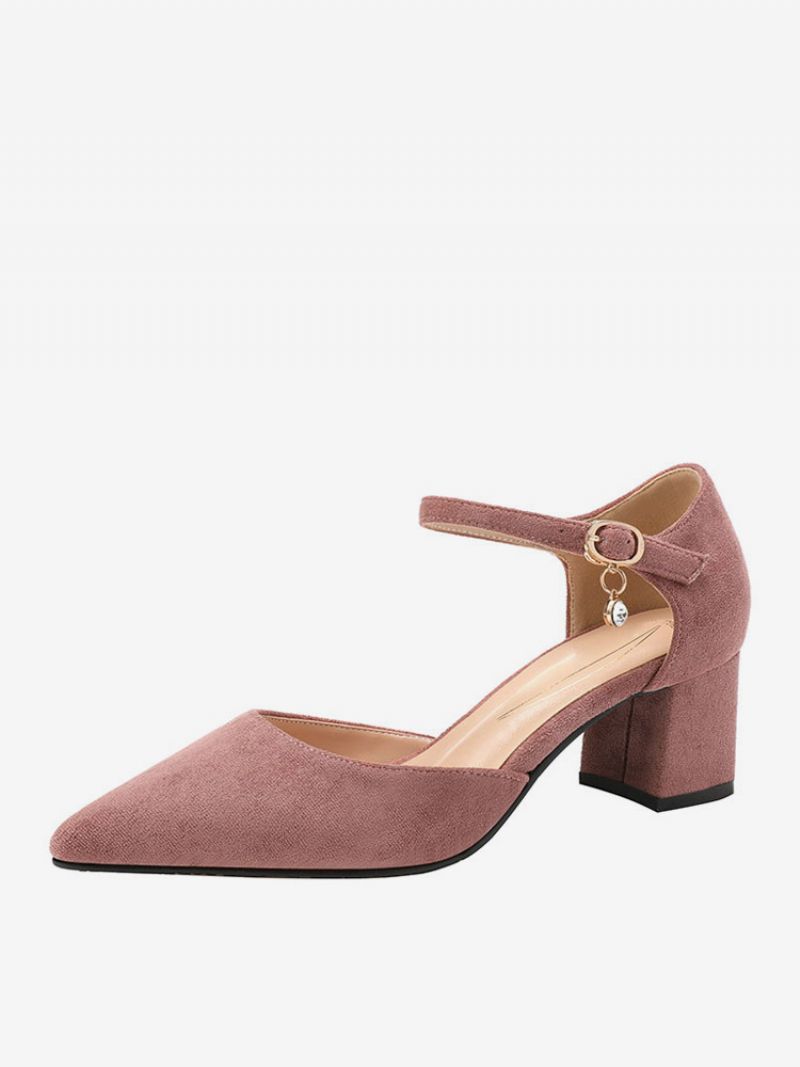 Kvinnor Mellanlåga Klackar Spetsig Tå Chunky Häl Slip-on Fantastiska Metalldetaljer Mocka Läder Mjuk Rosa Pumps