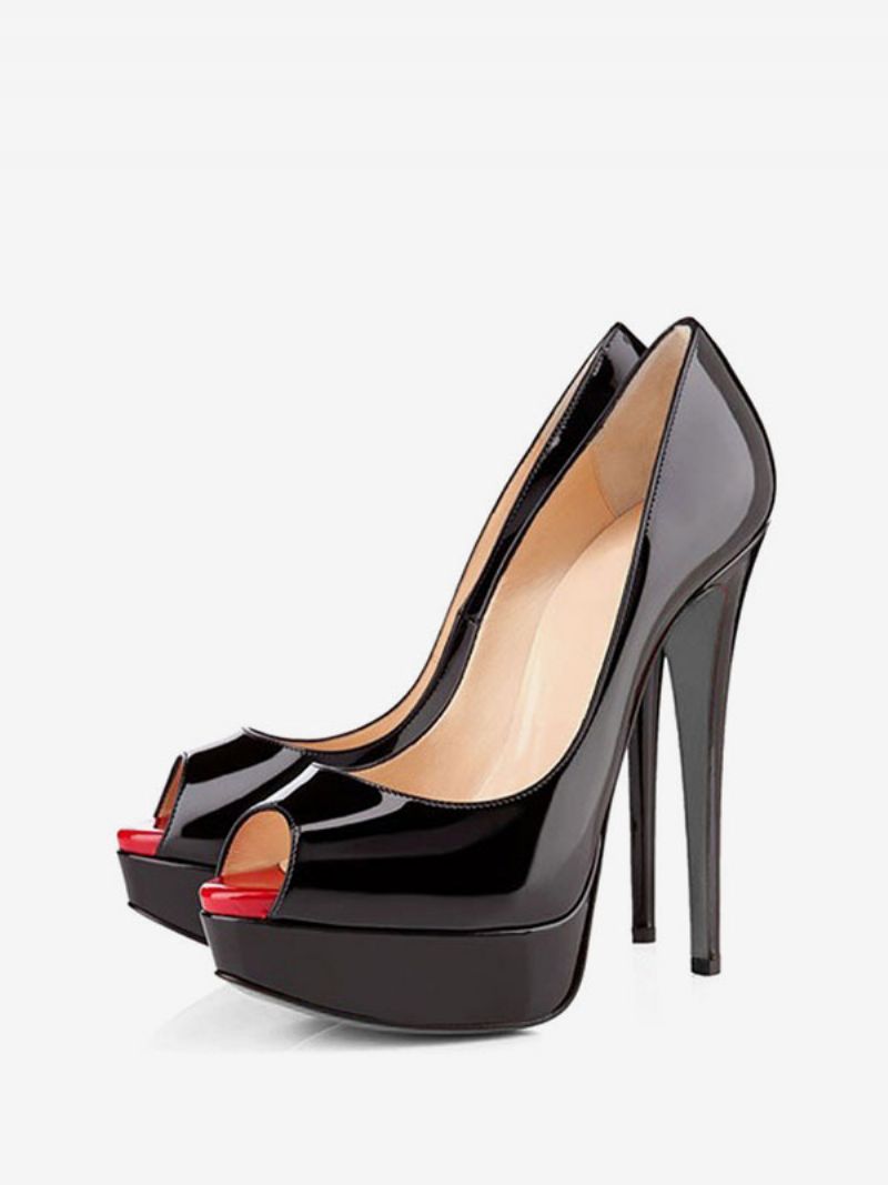 Kvinnor Svart Peep Toe Heels Plattform Stiletto Heel Pumps Sexiga Skor