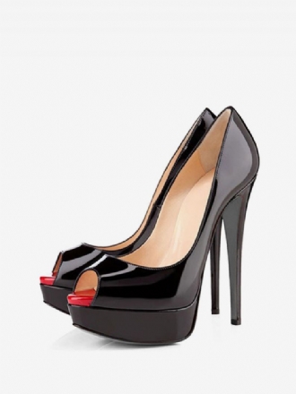 Kvinnor Svart Peep Toe Heels Plattform Stiletto Heel Pumps Sexiga Skor