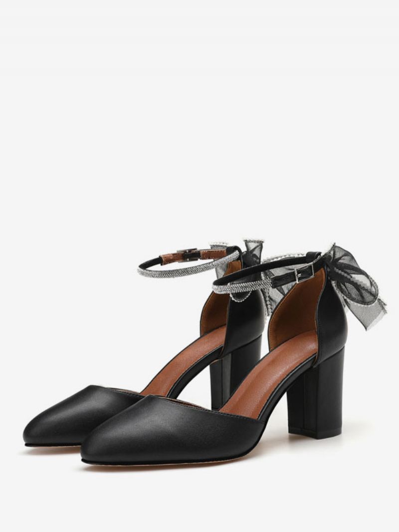 Kvinnors Block Heel Pumps Bows Rund Toe Ankel Strap - Svart