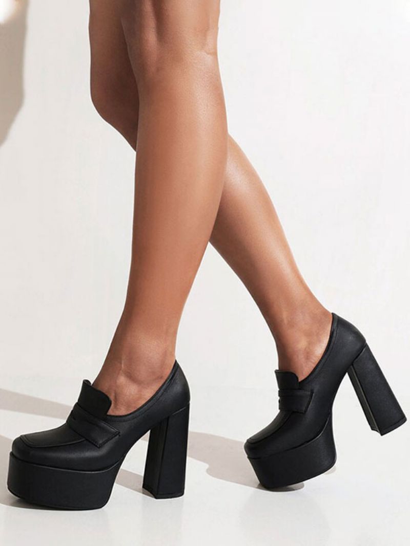 Kvinnors Höga Klackar Klassiska Pumps Rund Toe Platform Chunky Heel Penny Loafers - Svart