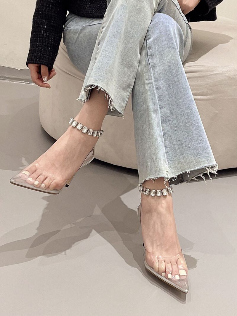 Kvinnors Höga Klackar Rose Transparent Spetsad Tå Strass Ankel Strap Pumps - Silver