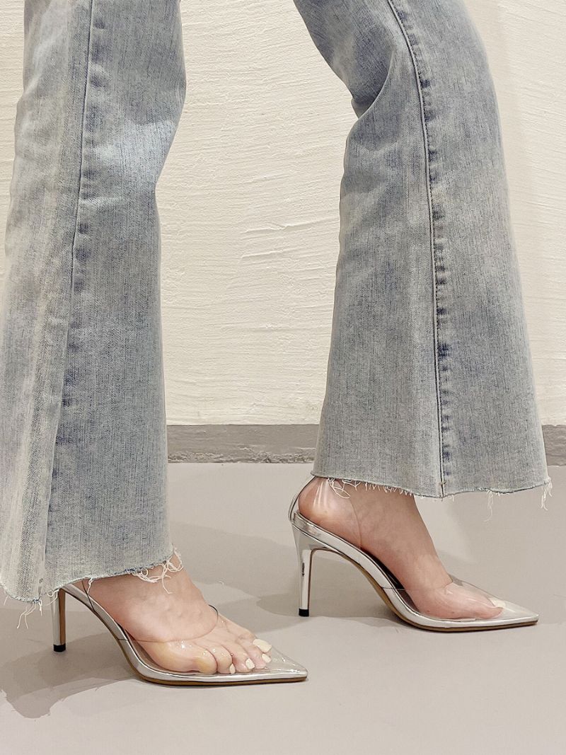 Kvinnors Höga Klackar Rose Transparent Spetsad Tå Strass Ankel Strap Pumps - Silver