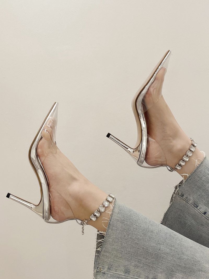 Kvinnors Höga Klackar Rose Transparent Spetsad Tå Strass Ankel Strap Pumps - Silver