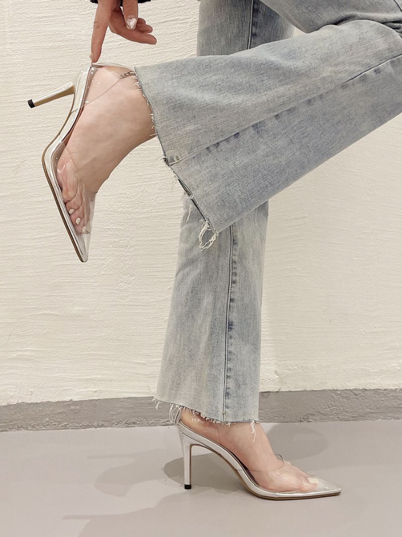 Kvinnors Höga Klackar Rose Transparent Spetsad Tå Strass Ankel Strap Pumps - Silver