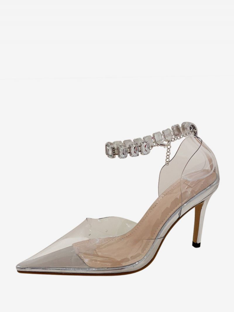 Kvinnors Höga Klackar Rose Transparent Spetsad Tå Strass Ankel Strap Pumps - Silver