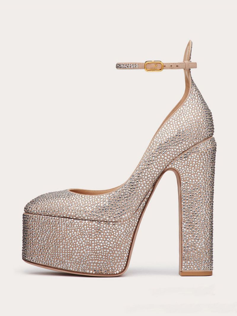 Kvinnors Högklackade Plattform Rhinestones Chunky Heel Ankel Strap Party Skor - Champagne