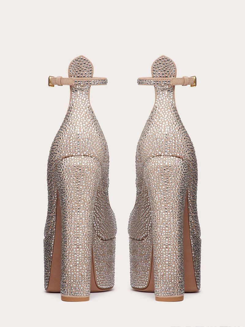 Kvinnors Högklackade Plattform Rhinestones Chunky Heel Ankel Strap Party Skor - Champagne