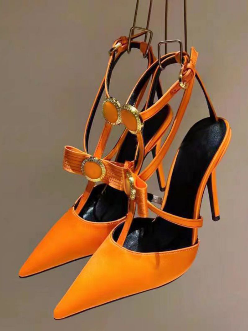 Kvinnors Högklackat Satin Spetsad Tå Rosett Strappy Stilettklack Balskor - Orange