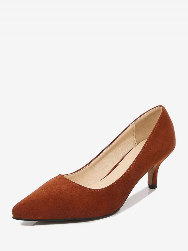 Kvinnors Kitten Heel Pumps Slip-on Spetsad Tå Stiletto Coffee Brown