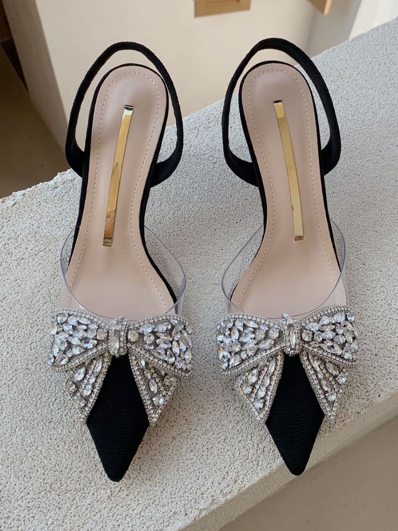 Kvinnors Kitten Heel Pumps Svart Spetsad Tå Strass Bow Slingback Party Skor