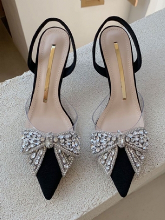 Kvinnors Kitten Heel Pumps Svart Spetsad Tå Strass Bow Slingback Party Skor