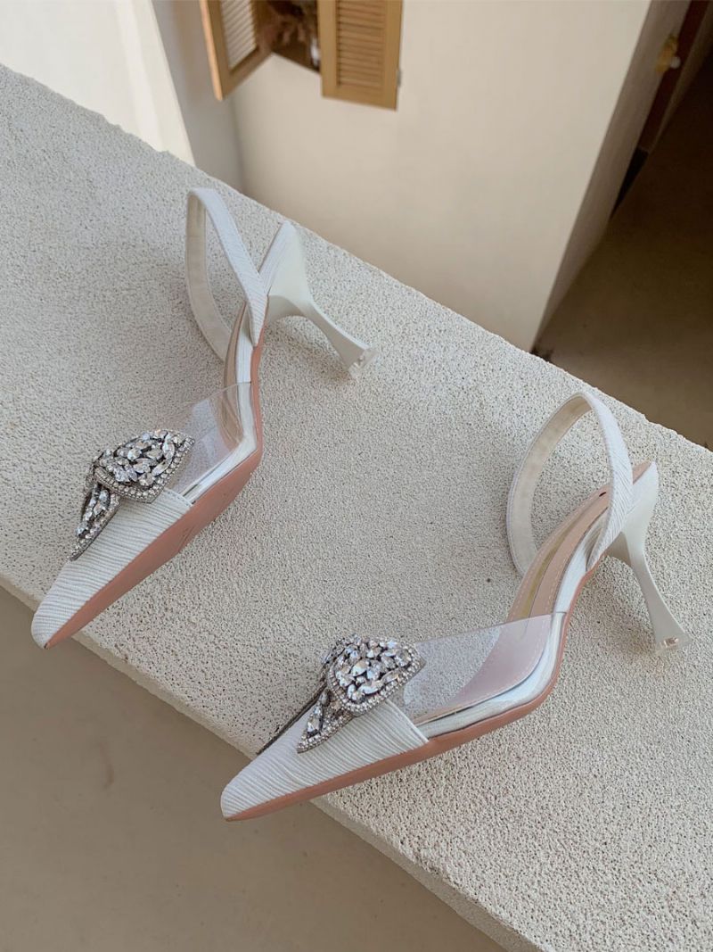 Kvinnors Kitten Heel Pumps Svart Spetsad Tå Strass Bow Slingback Party Skor - Beige