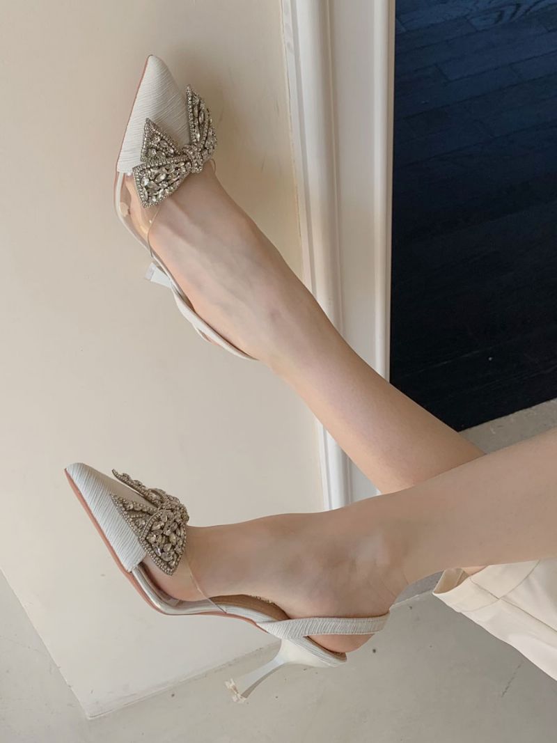 Kvinnors Kitten Heel Pumps Svart Spetsad Tå Strass Bow Slingback Party Skor - Beige