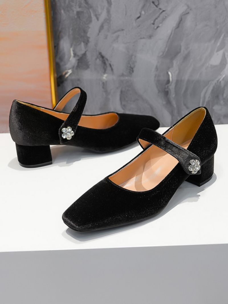 Kvinnors Mellanlåga Klackar Velvet Square Toe Chunky Heel Mary Jane Skor - Mörkt Grönt