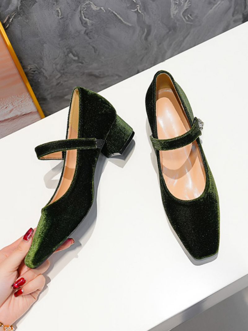 Kvinnors Mellanlåga Klackar Velvet Square Toe Chunky Heel Mary Jane Skor - Mörkt Grönt