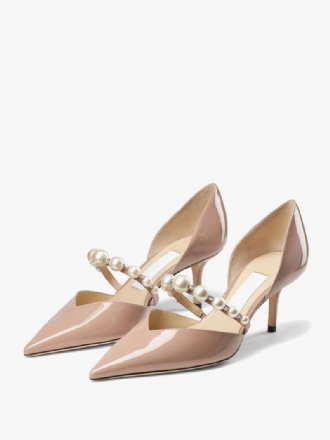 Kvinnors Naken Kattunge Heel Pumps Spetsad Tå Pearls Detail Prom Bröllopsskor