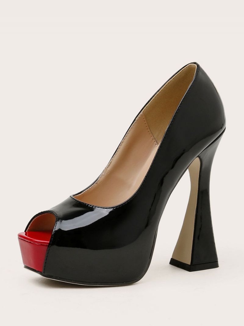 Kvinnors Peep Toe Platform Chunky Heel Pumps Svart