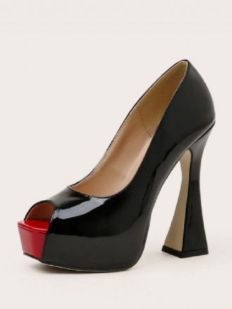 Kvinnors Peep Toe Platform Chunky Heel Pumps Svart