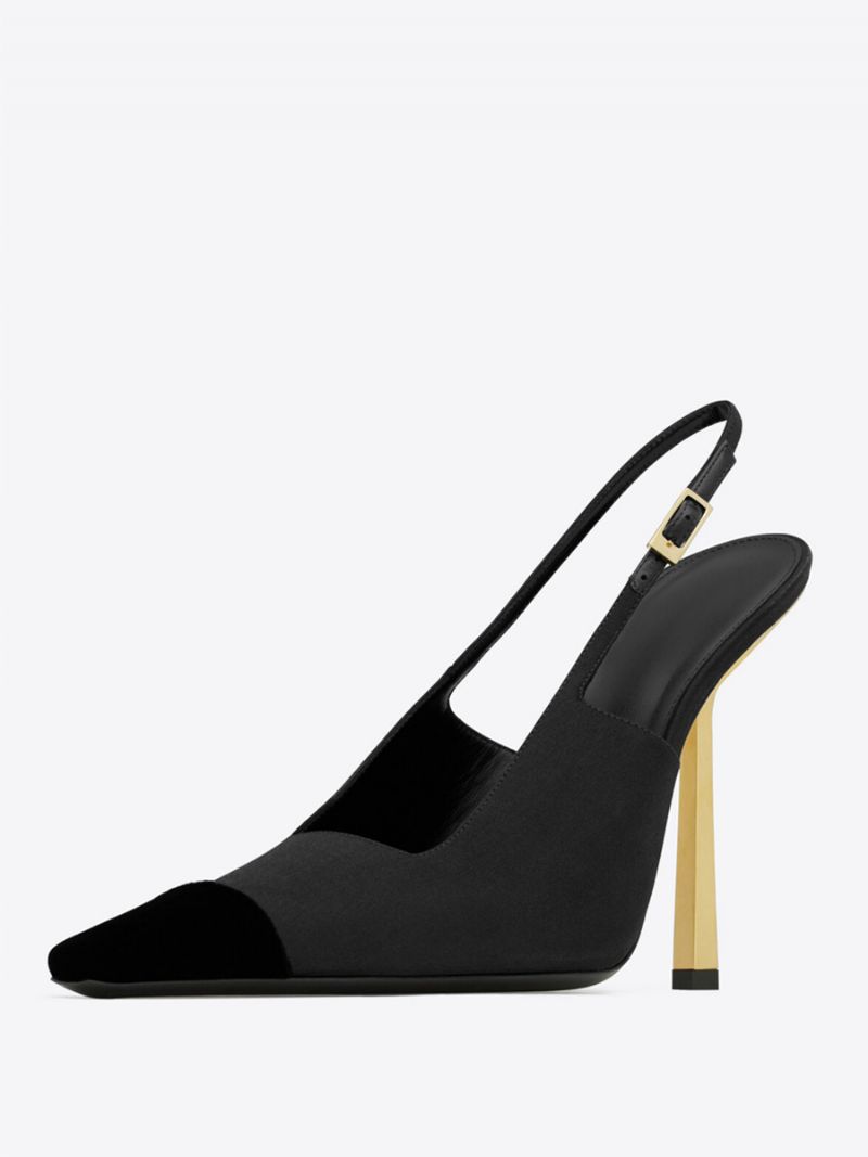 Kvinnors Satin Slingback Pumps Black Square Toe Stiletto Heel