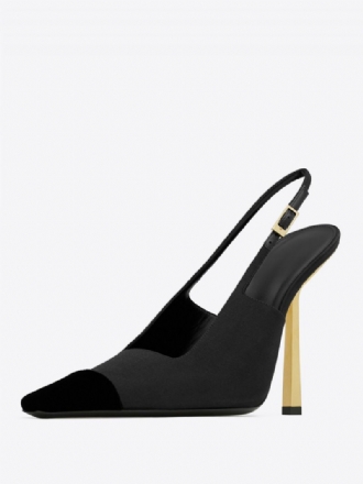 Kvinnors Satin Slingback Pumps Black Square Toe Stiletto Heel