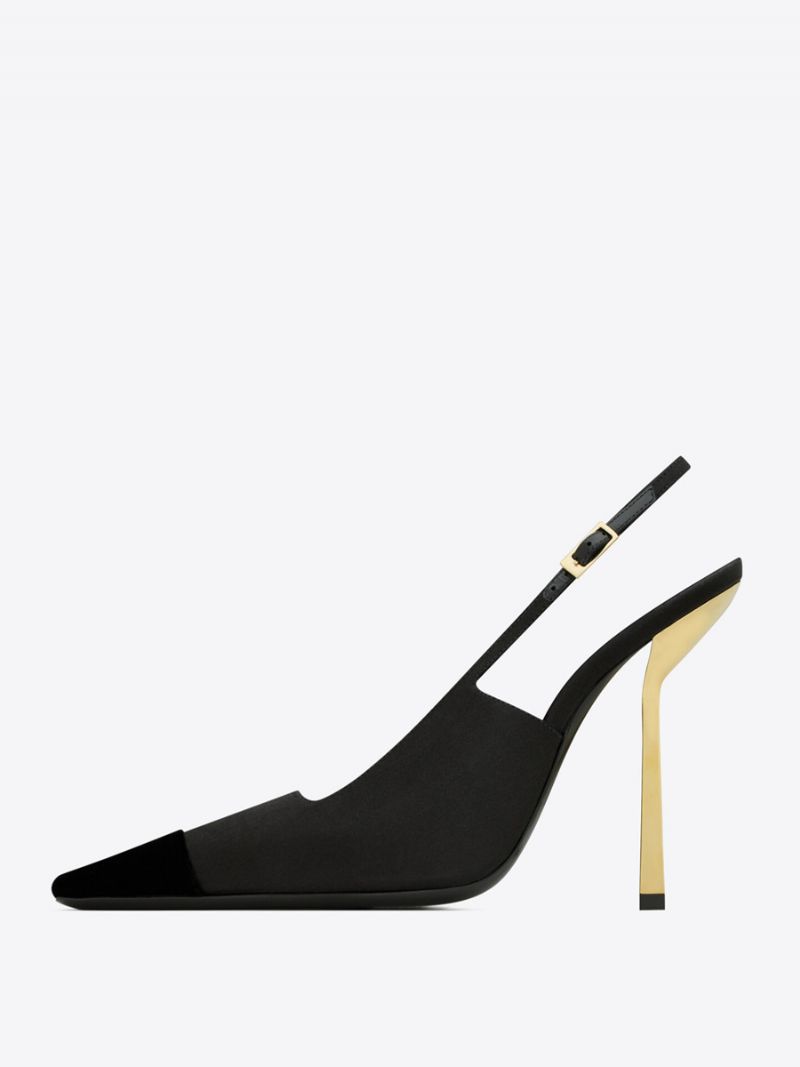 Kvinnors Satin Slingback Pumps Black Square Toe Stiletto Heel - Svart