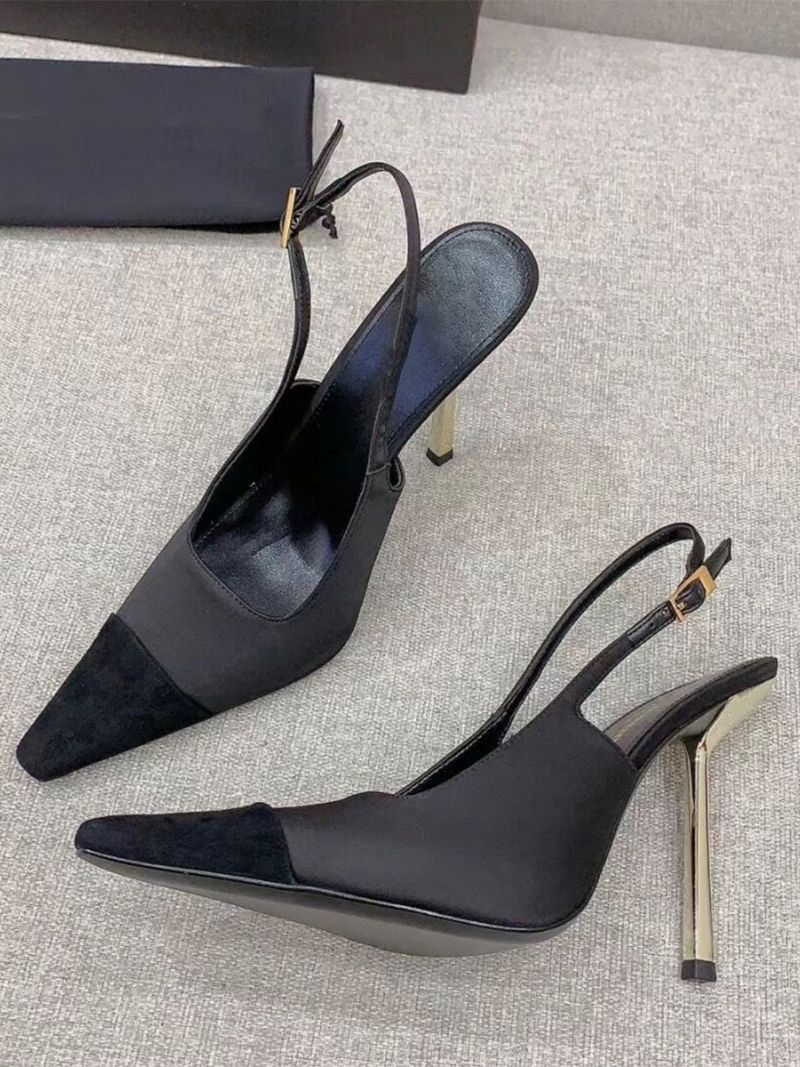 Kvinnors Satin Slingback Pumps Black Square Toe Stiletto Heel - Svart