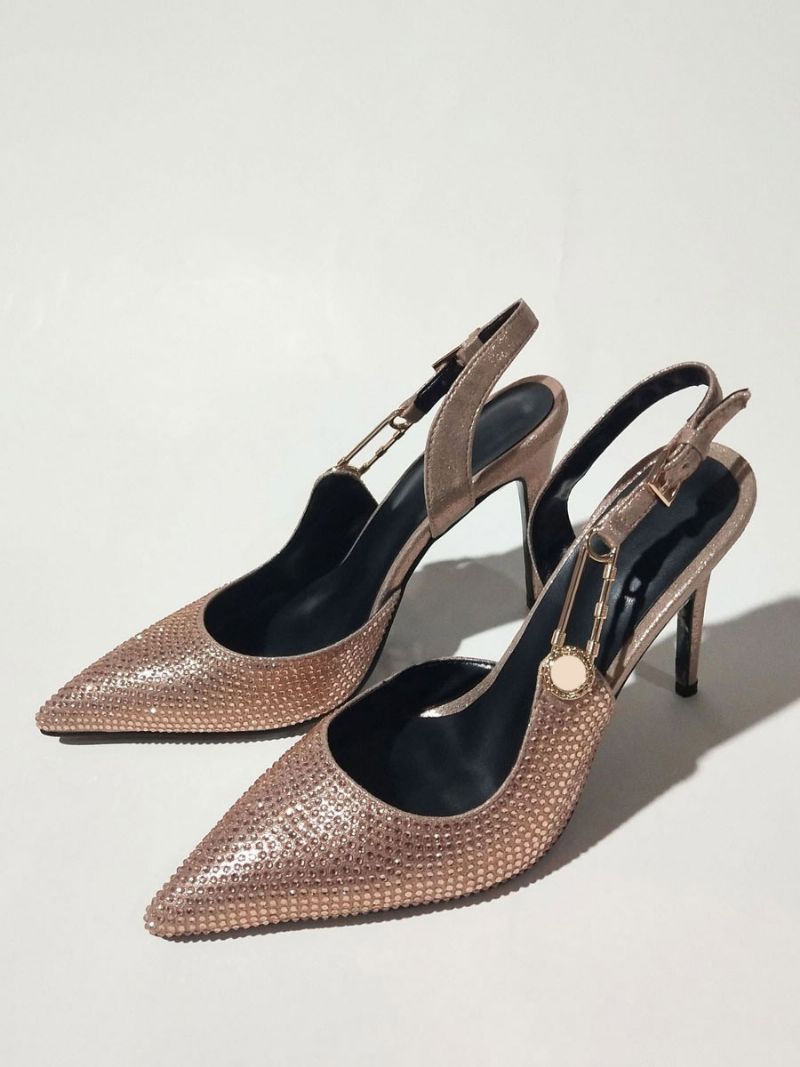 Kvinnors Slingback Pumps Spetsad Tå Strass Kedjedetalj Högklackade Festskor - Guld