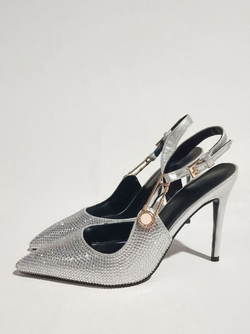 Kvinnors Slingback Pumps Spetsad Tå Strass Kedjedetalj Högklackade Festskor - Silver