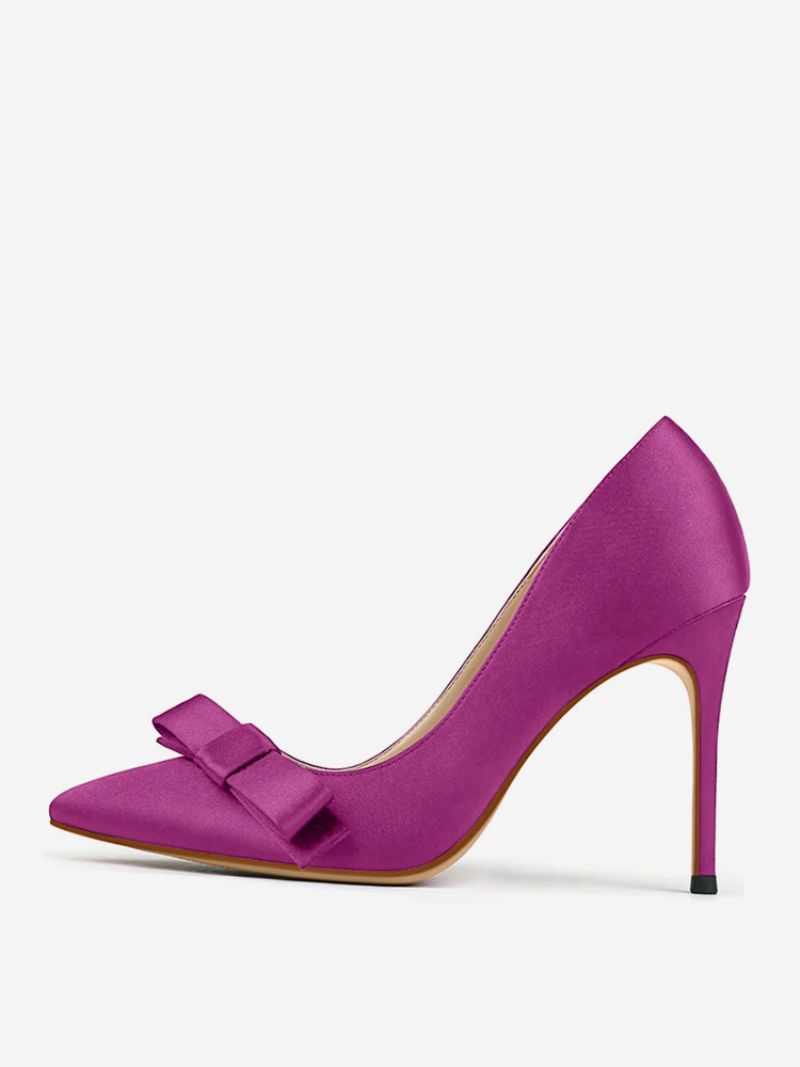 Kvinnors Svart Högklackat Satin Spetsad Tå Rosett Stiletto Heel Dress Pumps - Fuchsia