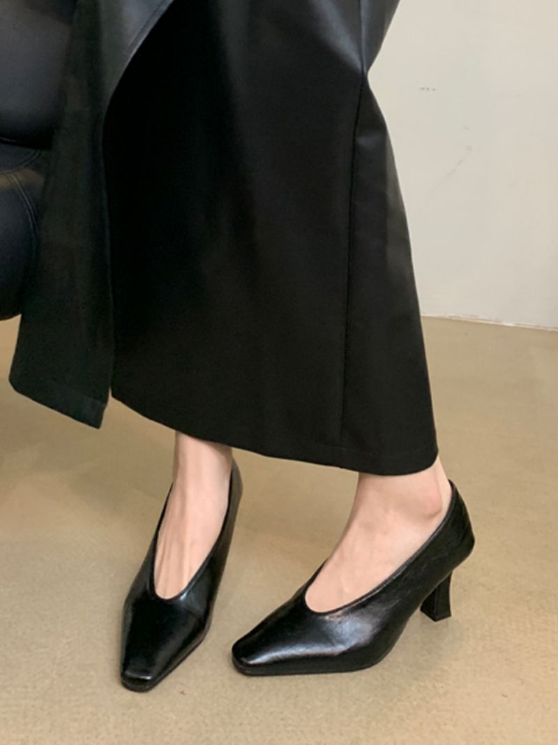 Kvinnors Svarta Högklackade Fyrkantiga Tå Chunky Heel Slip-on Pumps