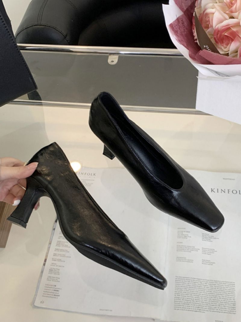 Kvinnors Svarta Högklackade Fyrkantiga Tå Chunky Heel Slip-on Pumps - Svart