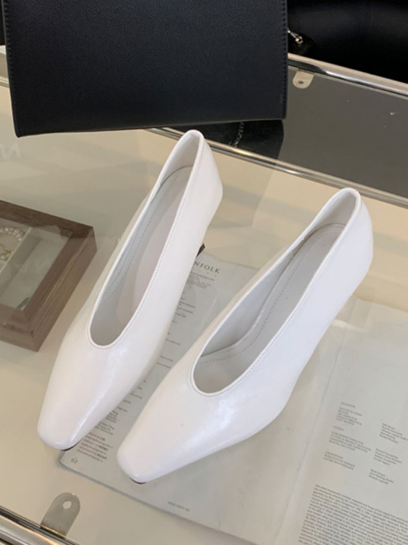 Kvinnors Svarta Högklackade Fyrkantiga Tå Chunky Heel Slip-on Pumps - Vit