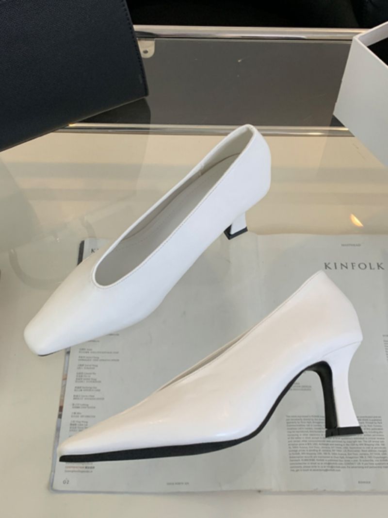 Kvinnors Svarta Högklackade Fyrkantiga Tå Chunky Heel Slip-on Pumps - Vit