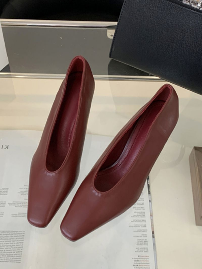 Kvinnors Svarta Högklackade Fyrkantiga Tå Chunky Heel Slip-on Pumps - Bourgogne