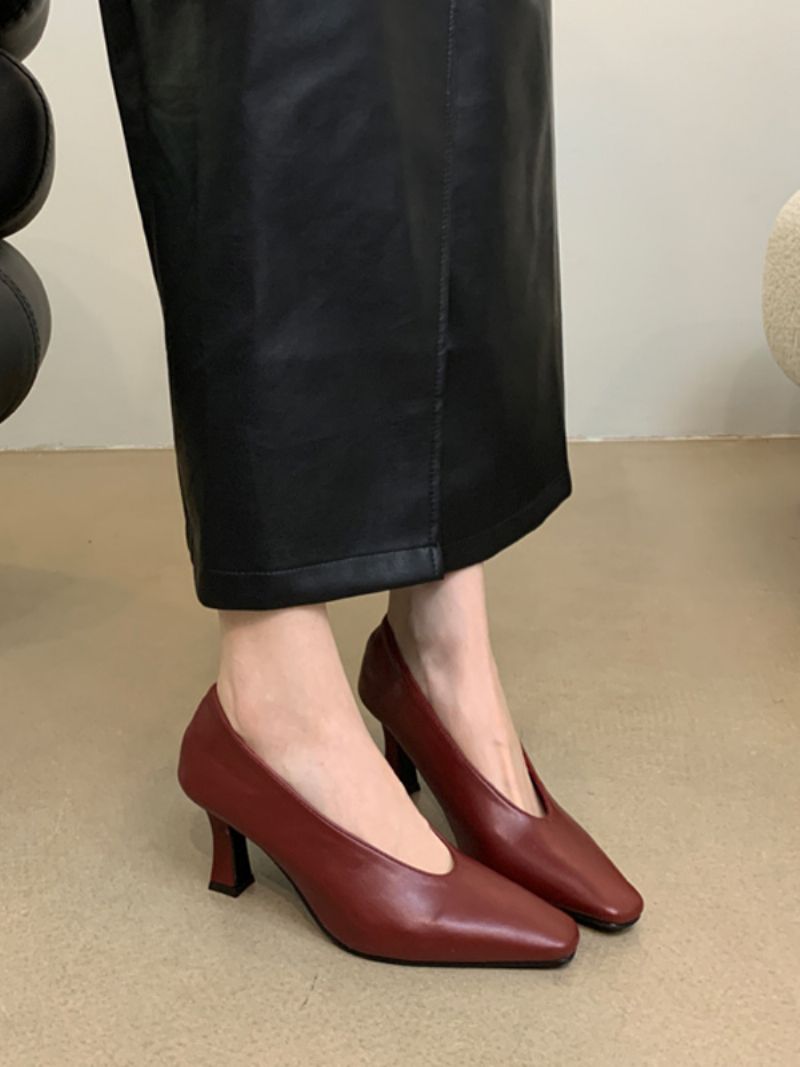 Kvinnors Svarta Högklackade Fyrkantiga Tå Chunky Heel Slip-on Pumps - Bourgogne