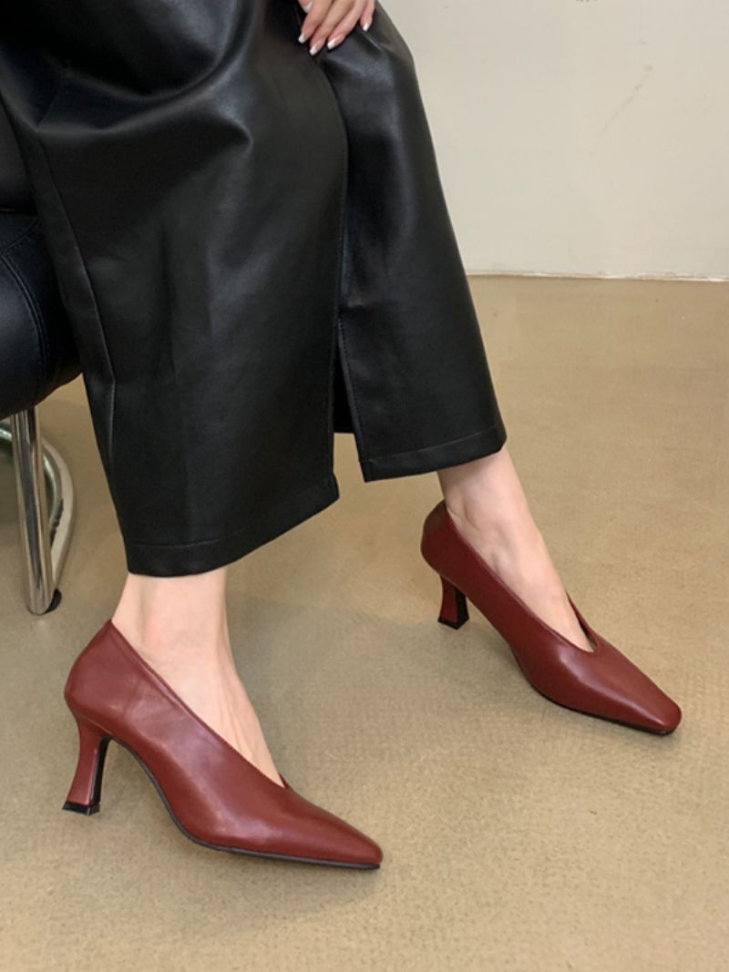 Kvinnors Svarta Högklackade Fyrkantiga Tå Chunky Heel Slip-on Pumps - Bourgogne