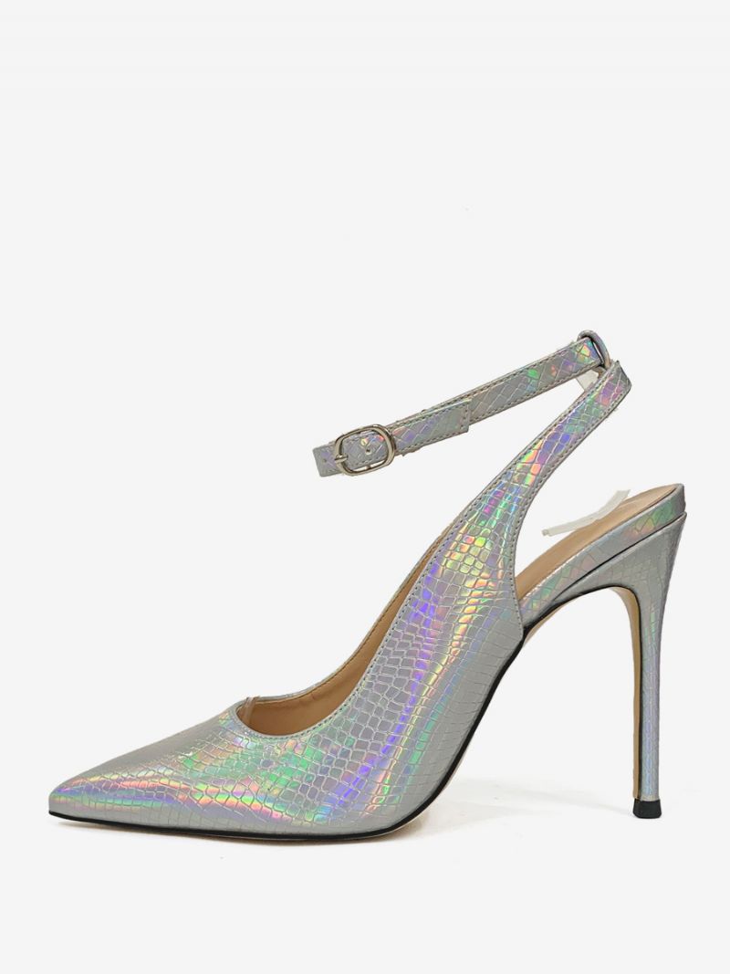 Kvinnors Svarta Högklackade Spetsiga Tå Stilettklack Ankelrem Slingback Pumps - Silver