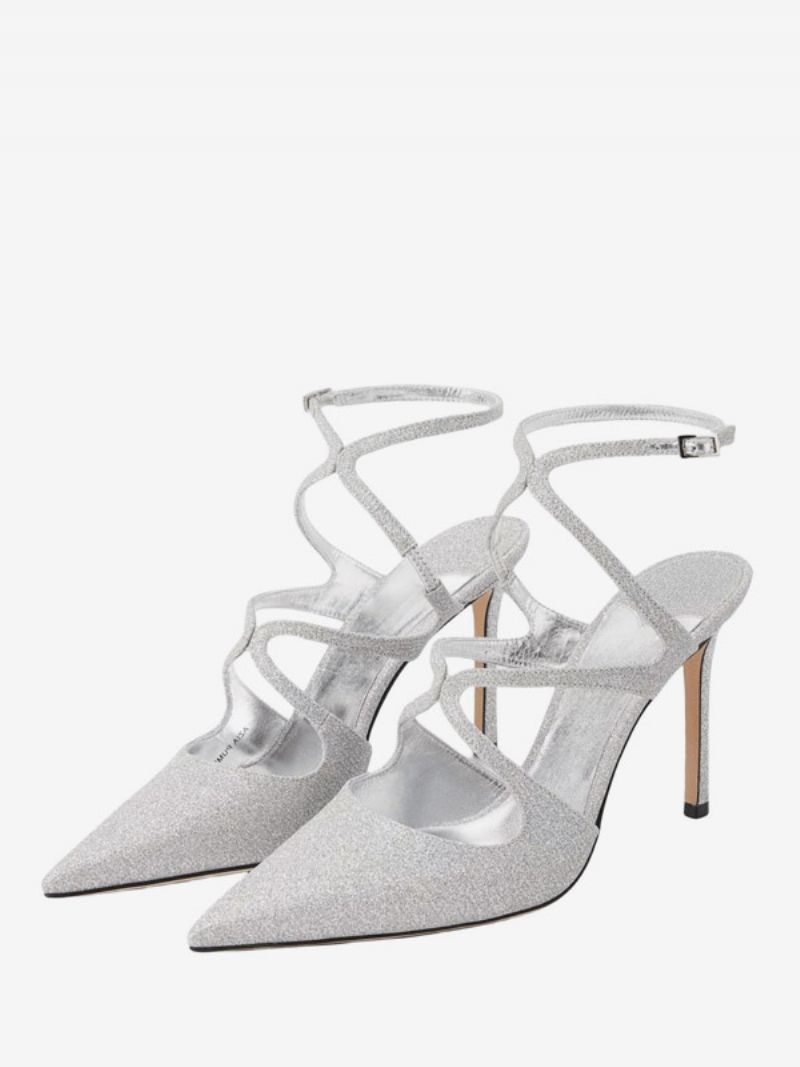 Kvinnors Svarta Högklackade Spetsiga Tå Stilettklackar Med Strappy Klänning Pumps - Silver