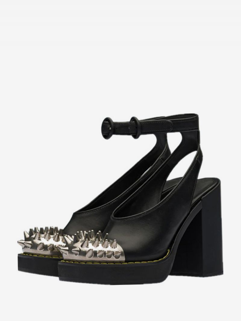 Kvinnors Svarta Pumk-klackar Chunky Heel Studs Detail Ankel Strap Pumps