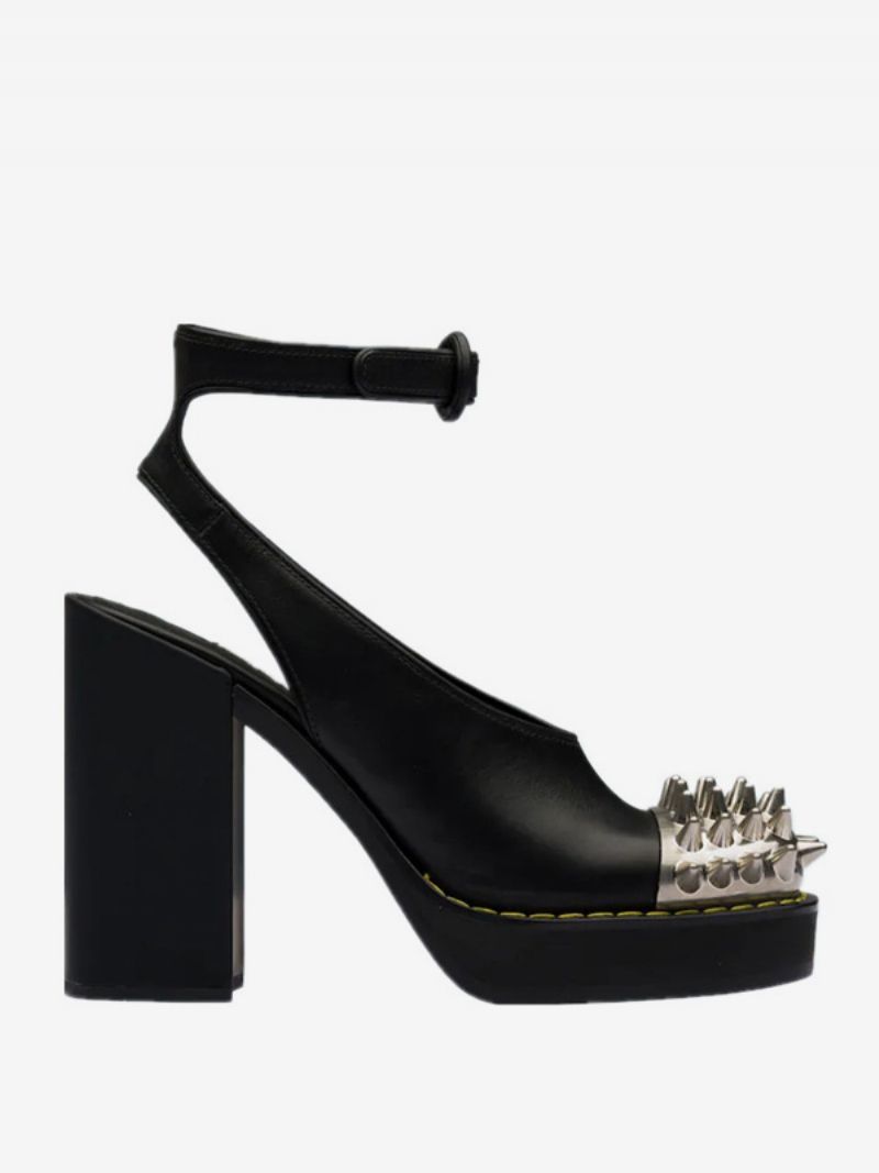 Kvinnors Svarta Pumk-klackar Chunky Heel Studs Detail Ankel Strap Pumps - Svart