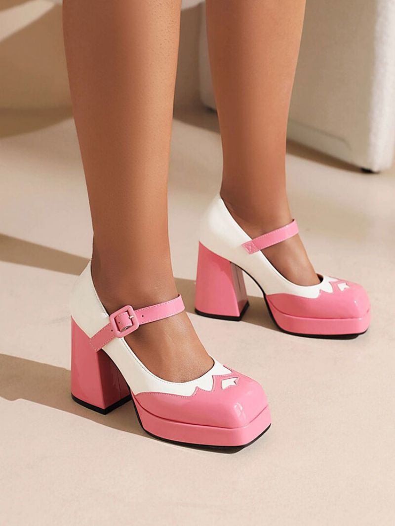 Kvinnors Tvåfärgade Plattform Mary Jane Chunky Heel Pumps - Rosa