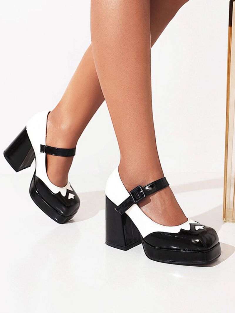 Kvinnors Tvåfärgade Plattform Mary Jane Chunky Heel Pumps - Svart