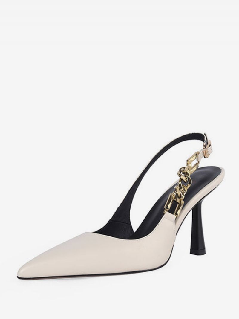 Kvinnors Vita Högklackade Spetsiga Tå Kedjedetaljer Slingback Dress Pumps - Beige