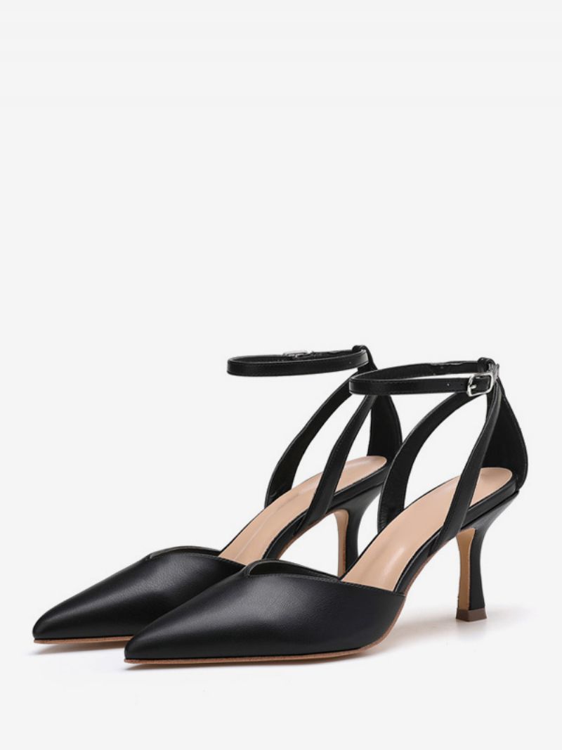 Naken Kitten Heel Pumps Kvinnor Spetsad Tå Ankel Strap Pump - Svart